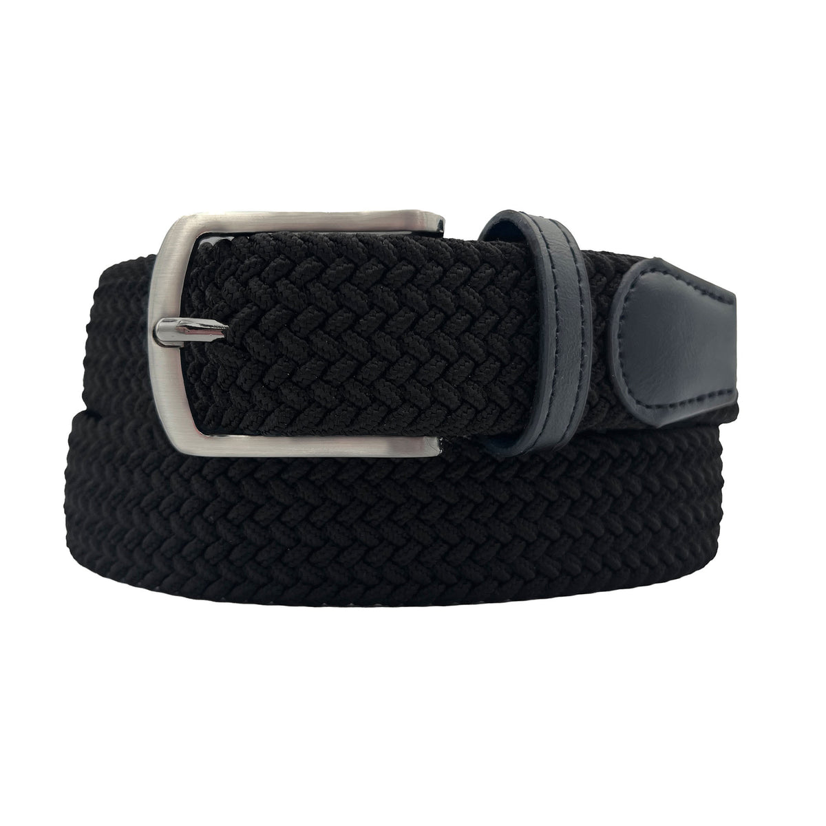 Essential Flex Braided Stretch Belt - Black with Leather Tip & Nickel Buckle